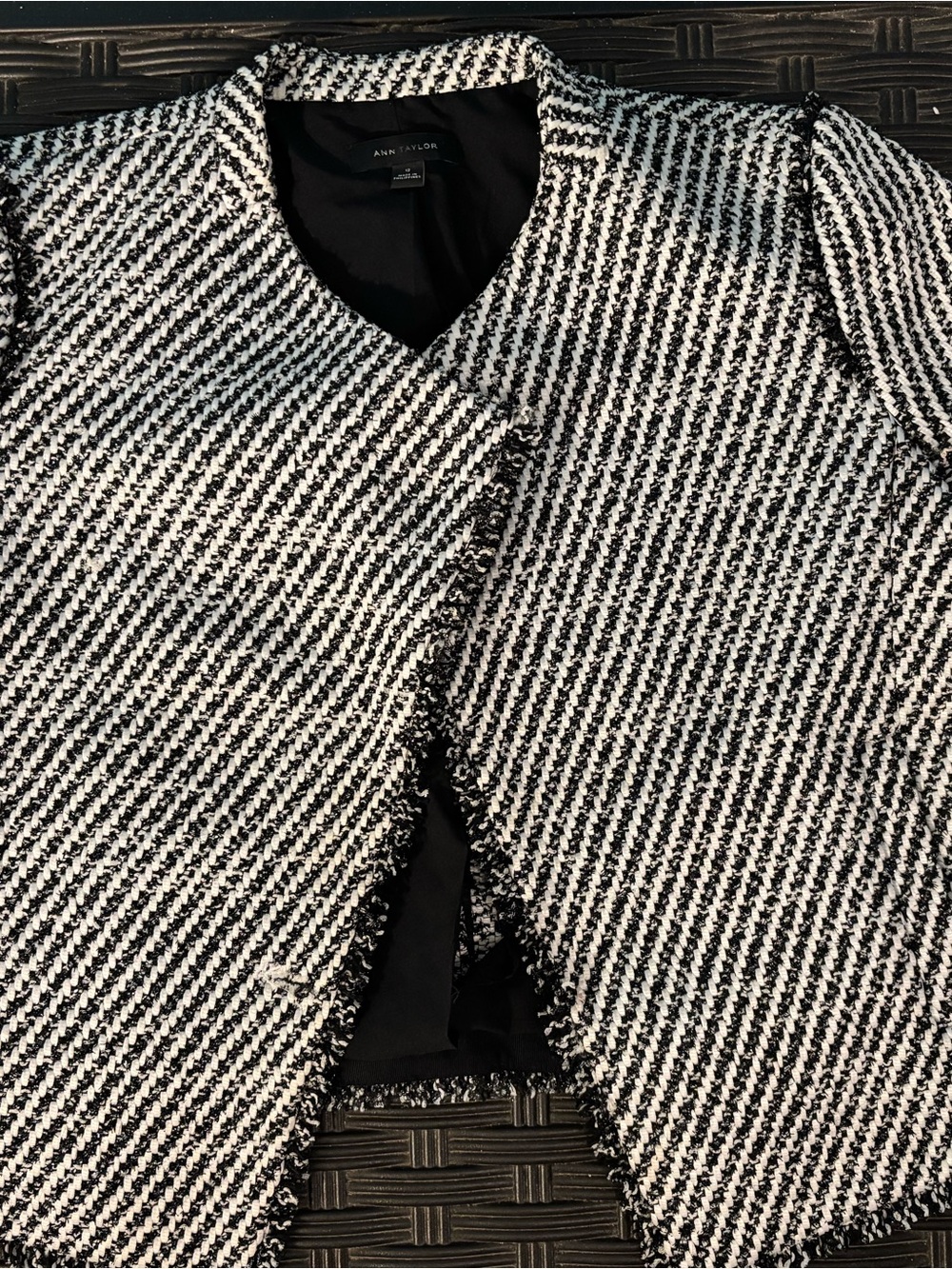 Ann Taylor Black and White Bouclé Open-Front Blazer